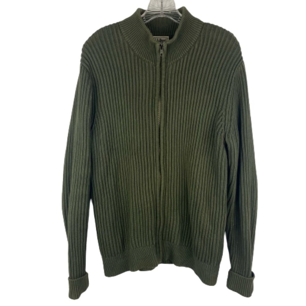 LL Bean Full Zip Sweater Ribbed Knit Cotton Olive Green